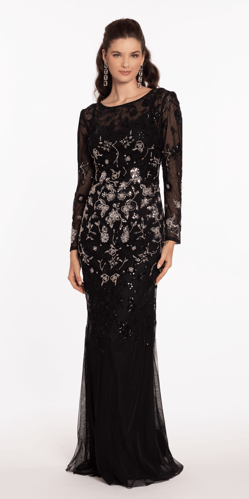 Mesh Long Sleeve Boatneck Column Dress with Beading - Camille La Vie