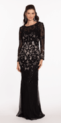 Mesh Long Sleeve Boatneck Column Dress with Beading - Camille La Vie