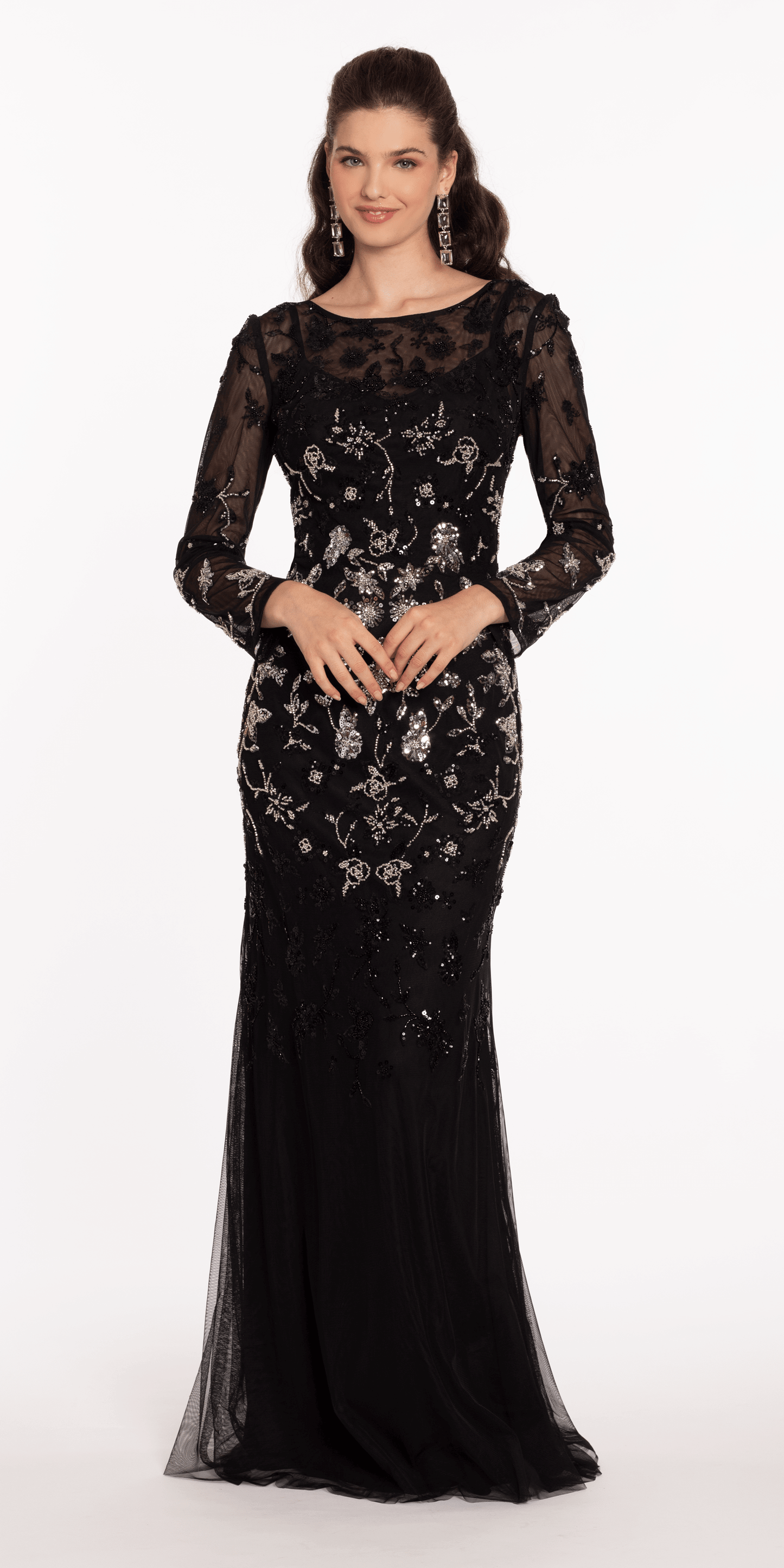 Mesh Long Sleeve Boatneck Column Dress with Beading - Camille La Vie