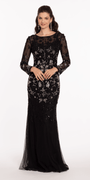 Mesh Long Sleeve Boatneck Column Dress with Beading - Camille La Vie