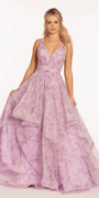 Floral Pleated Plunging Mesh Tiered Ballgown - Camille La Vie
