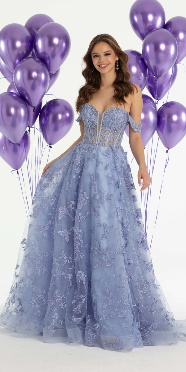 Off the Shoulder Butterfly Embroidered Tulle Lace Up Back Ballgown - Camille La Vie