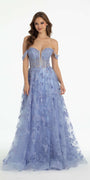 Off the Shoulder Butterfly Embroidered Tulle Lace Up Back Ballgown - Camille La Vie