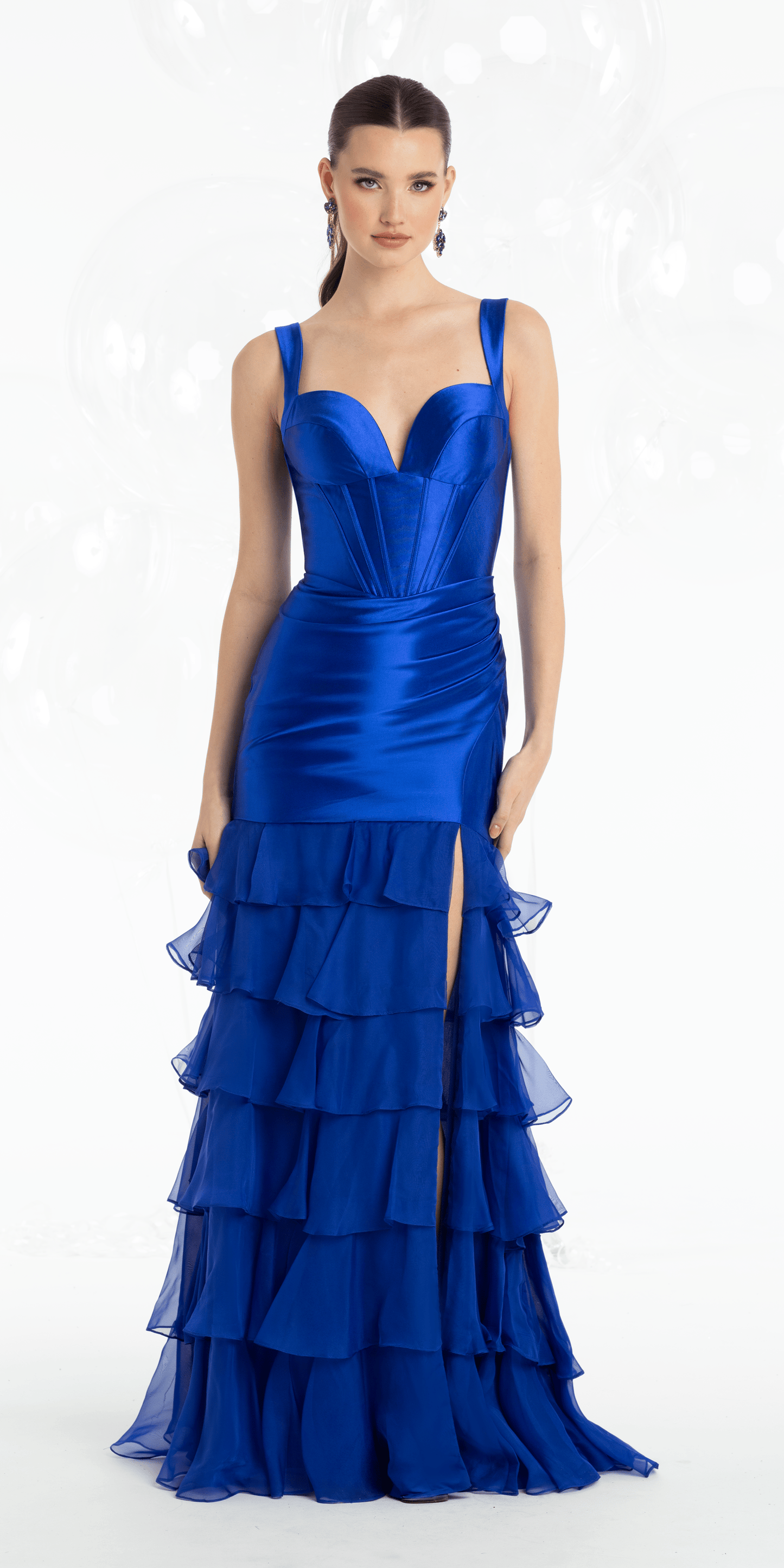 royal-blue/size/4/missy/Camille La Vie/Satin Plunge Corset Mermaid Dress with Chiffon Tiers/front