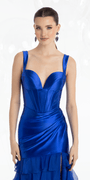 Satin Plunge Corset Mermaid Dress with Chiffon Tiers - Camille La Vie