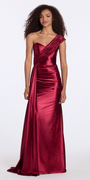 burgundy/size/2/missy/Camille La Vie/Stretch Satin One Shoulder Column Dress with Cascade/front