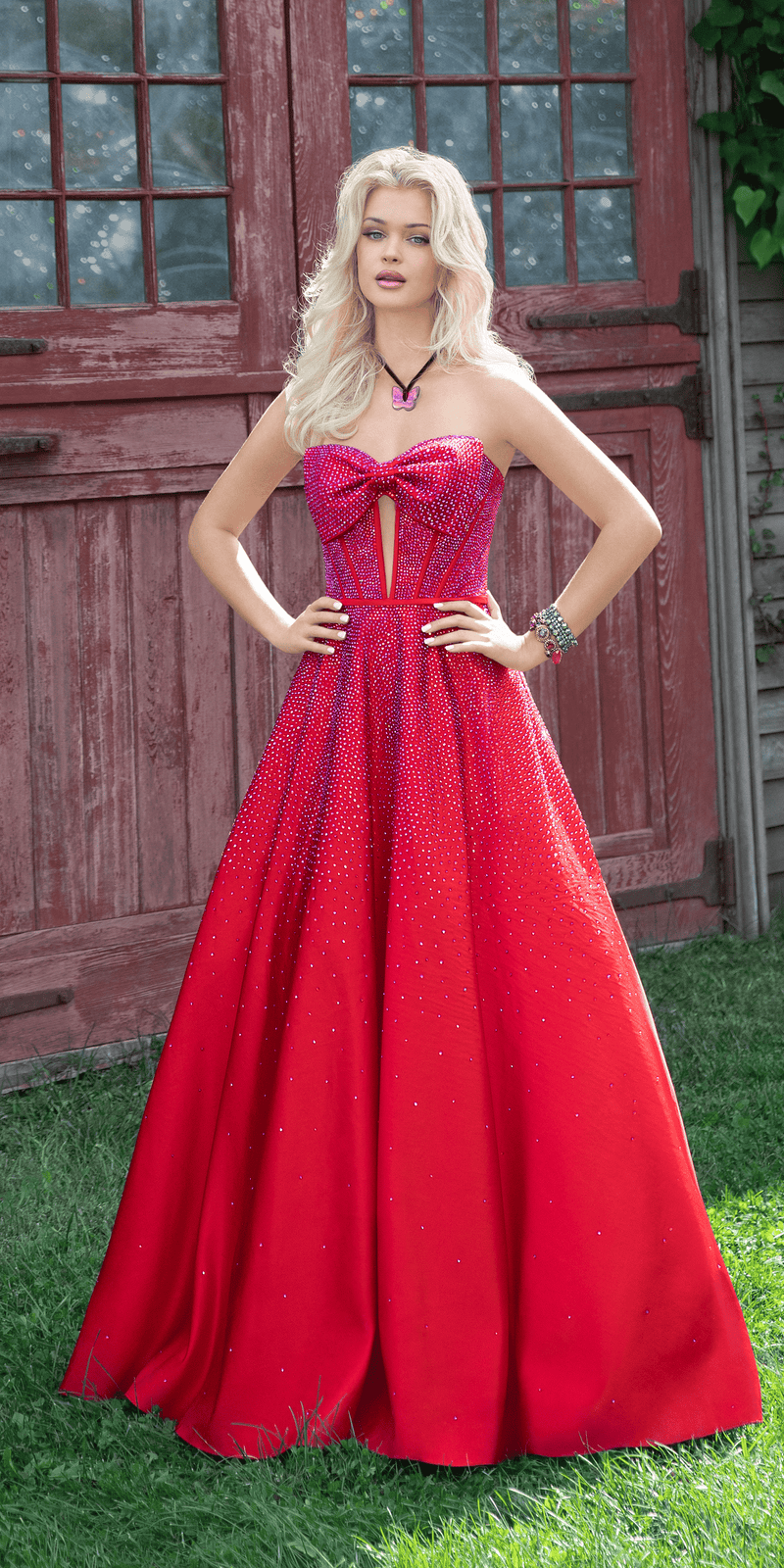 red/size/4/missy/Camille la Vie/Bow Front Satin Strapless Corset Ballgown with Heat Set Stones Vie/front 1