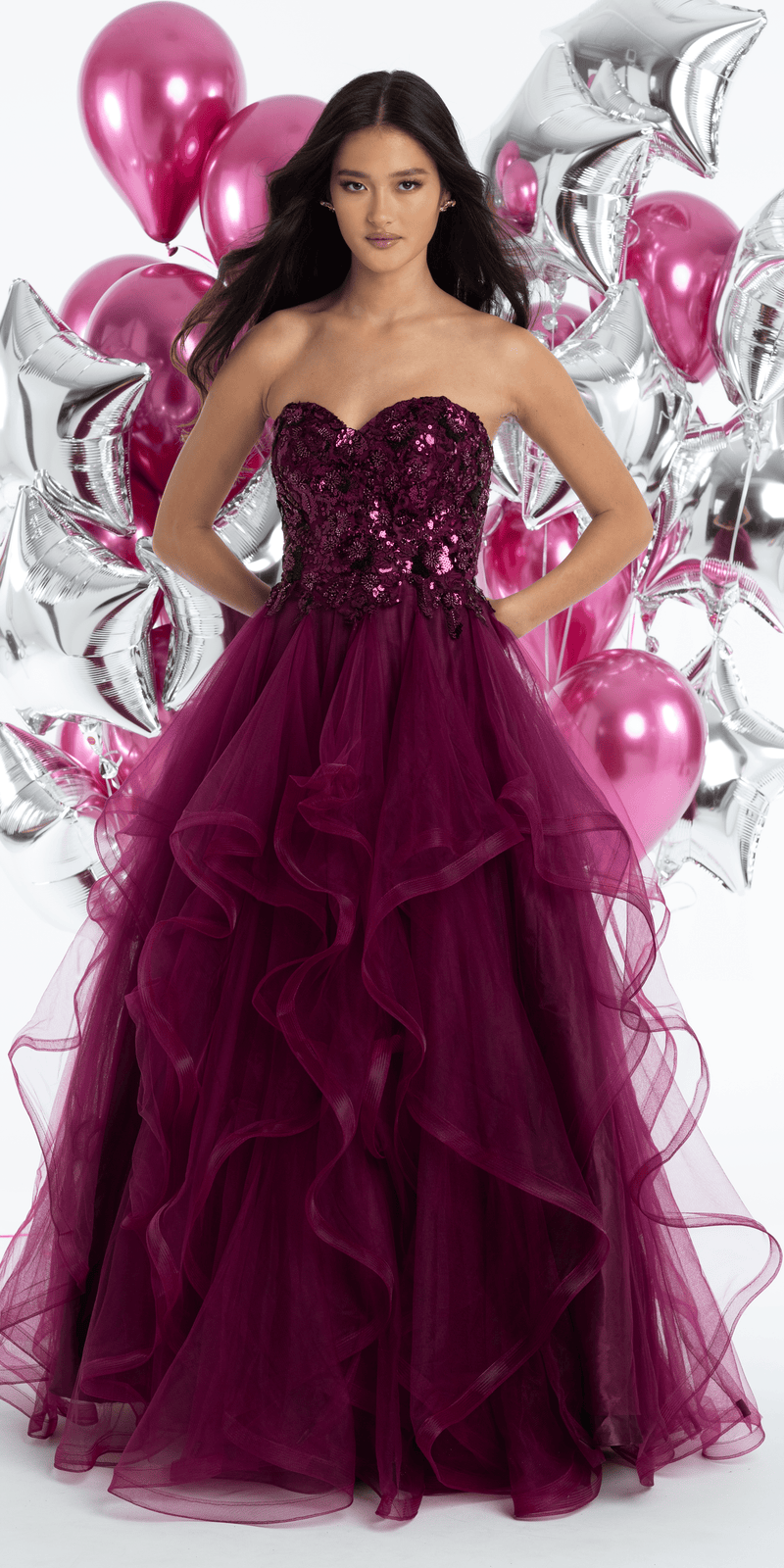 Tulle Sweetheart Floral Sequin Tiered Ballgown - Camille La Vie