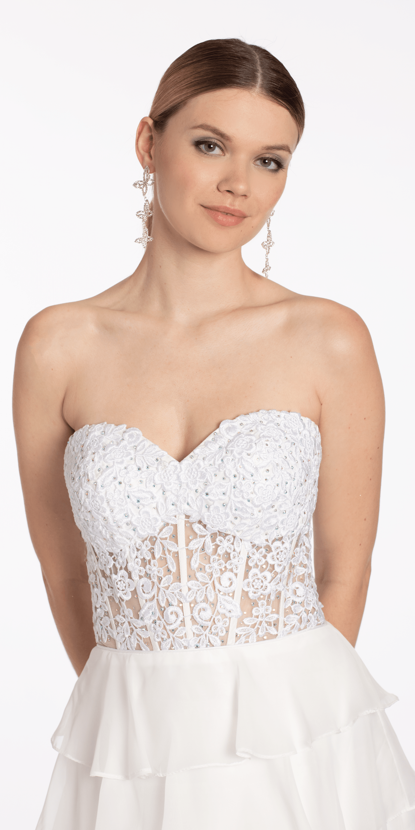 Embroidered Strapless Chiffon Tiered Corset Ballgown - Camille La Vie