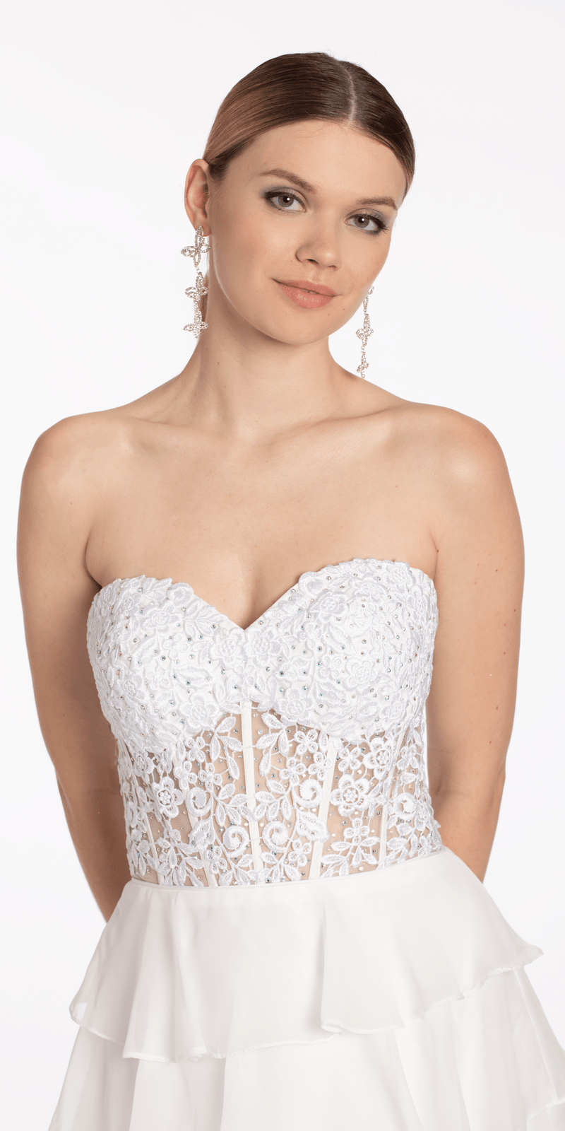 Embroidered Strapless Chiffon Tiered Corset Ballgown - Camille La Vie
