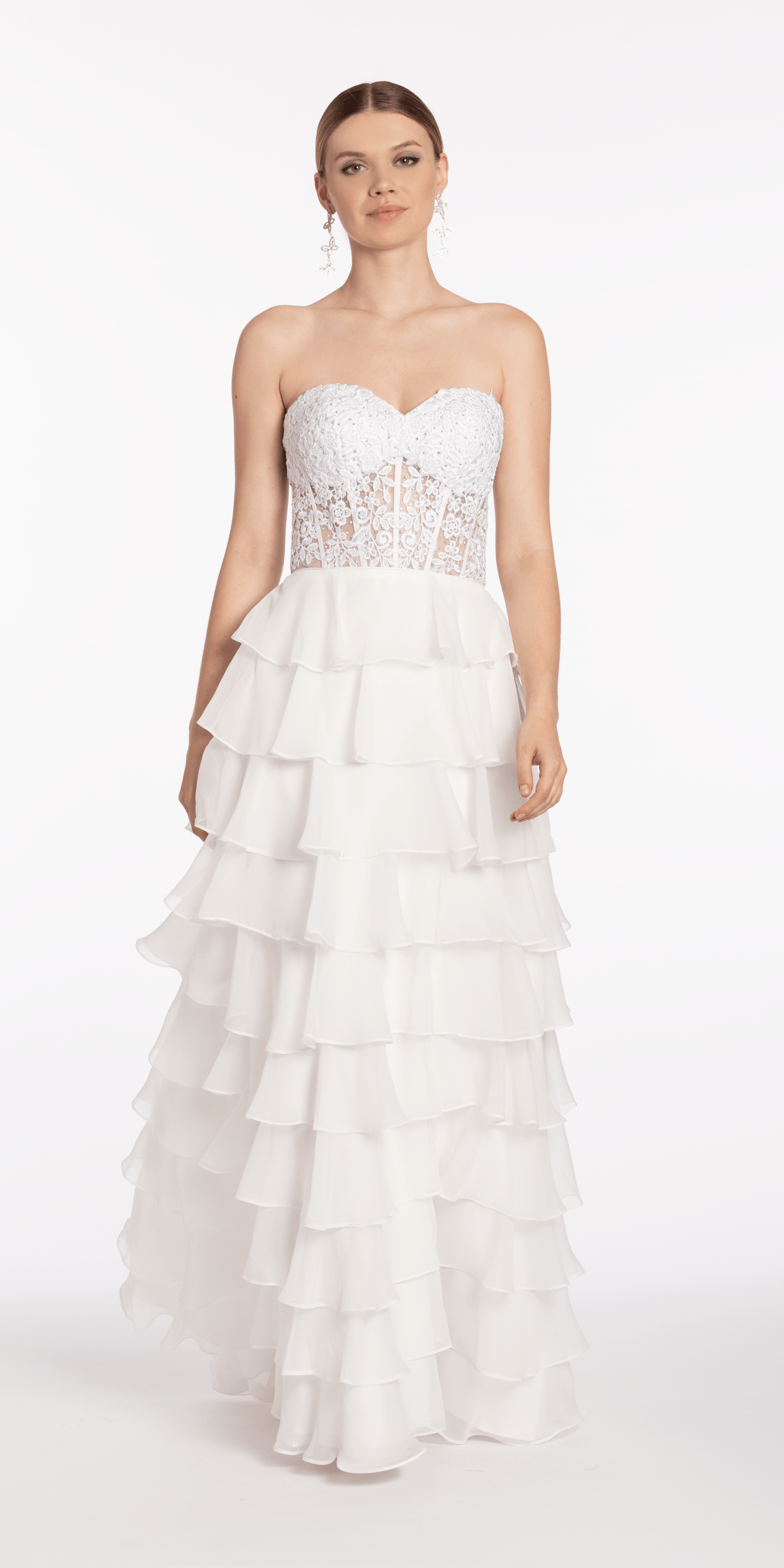 Embroidered Strapless Chiffon Tiered Corset Ballgown - Camille La Vie