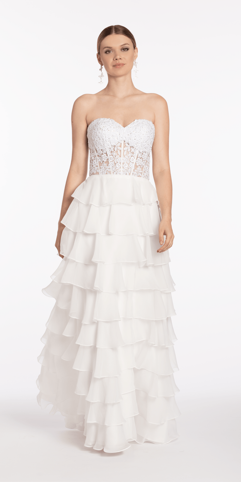 Embroidered Strapless Chiffon Tiered Corset Ballgown - Camille La Vie