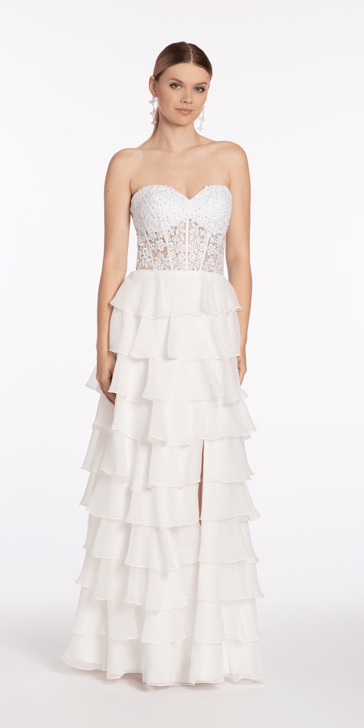 Embroidered Strapless Chiffon Tiered Corset Ballgown - Camille La Vie