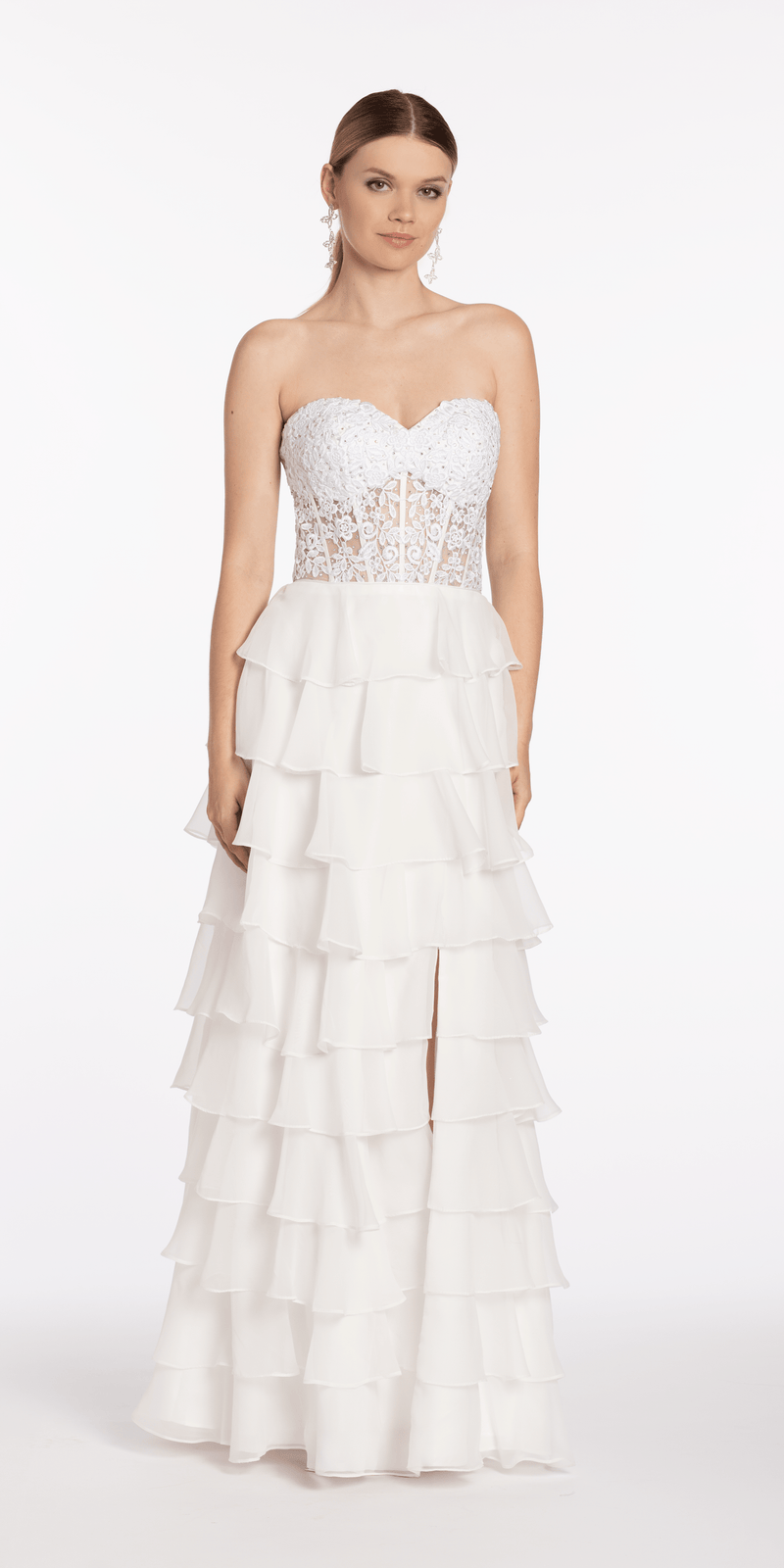 Embroidered Strapless Chiffon Tiered Corset Ballgown - Camille La Vie