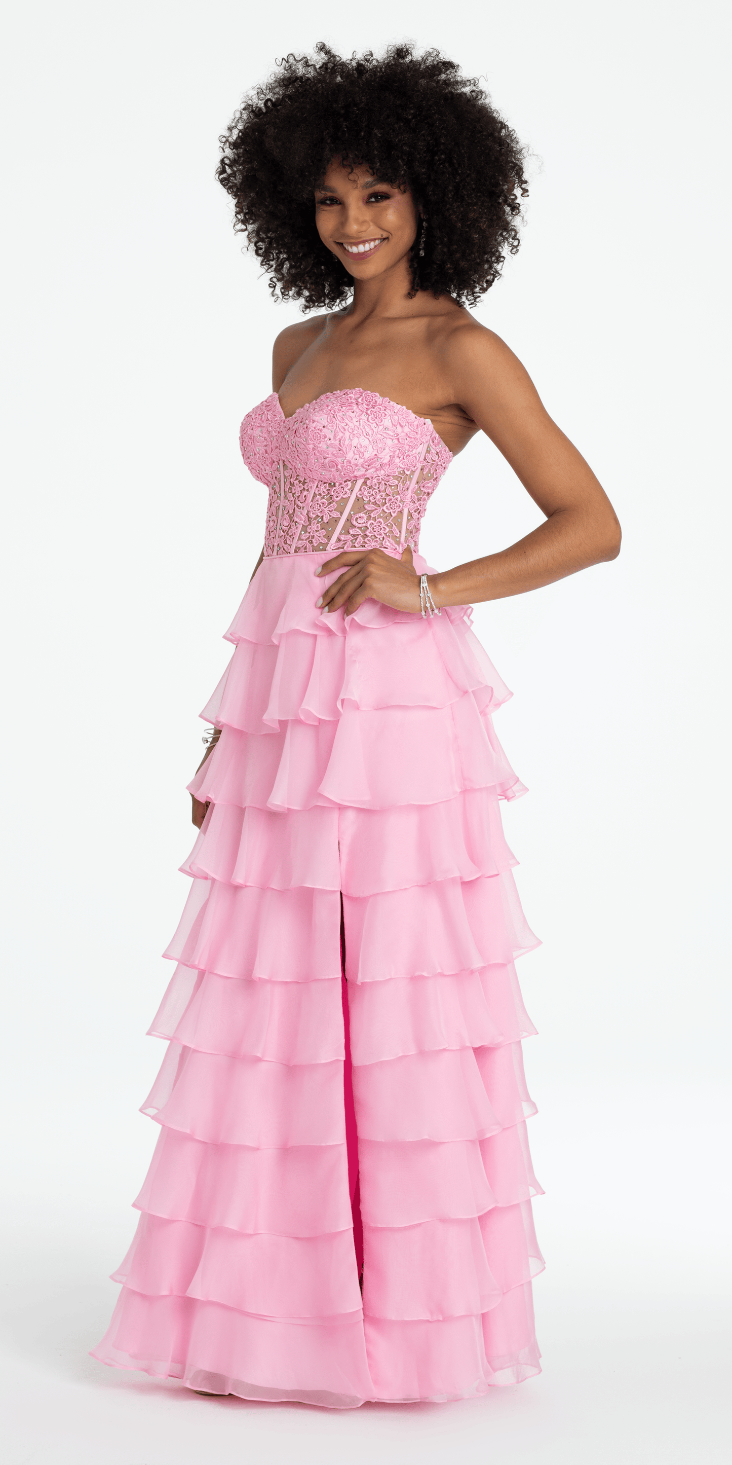 Embroidered Strapless Chiffon Tiered Corset Ballgown - Camille La Vie