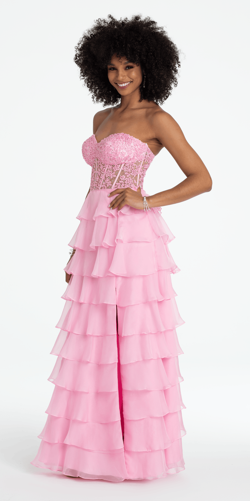 Embroidered Strapless Chiffon Tiered Corset Ballgown - Camille La Vie