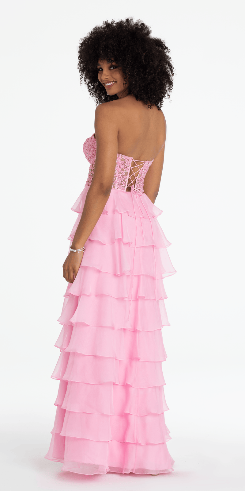 Embroidered Strapless Chiffon Tiered Corset Ballgown - Camille La Vie