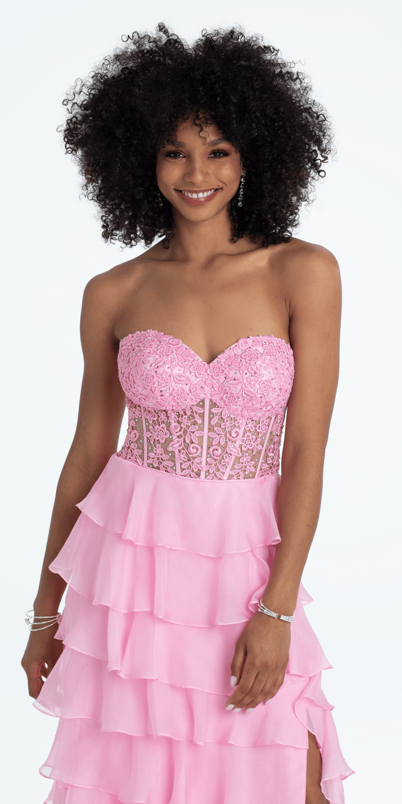 Embroidered Strapless Chiffon Tiered Corset Ballgown - Camille La Vie