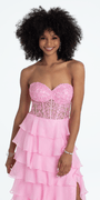 Embroidered Strapless Chiffon Tiered Corset Ballgown - Camille La Vie