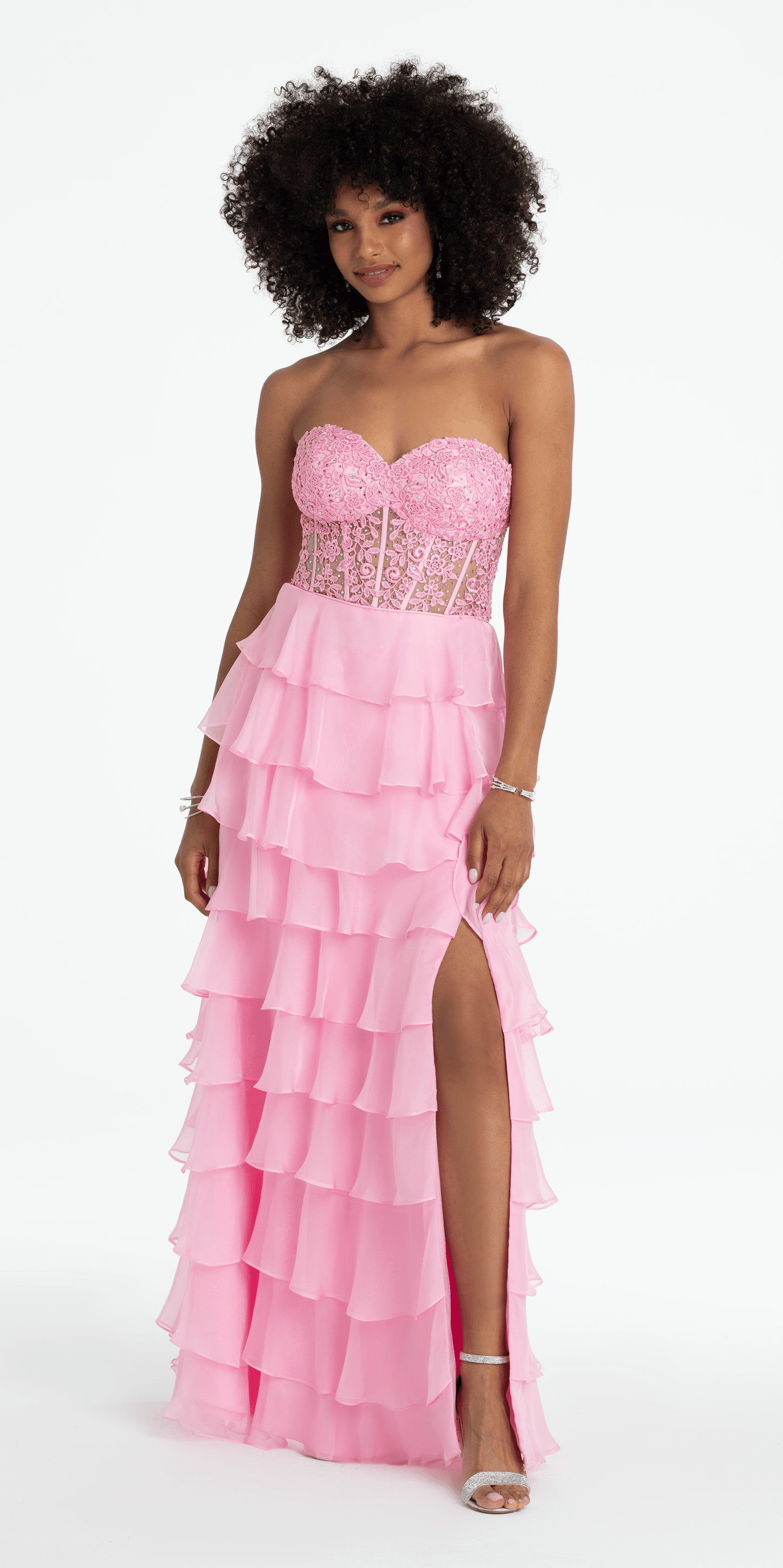 Embroidered Strapless Chiffon Tiered Corset Ballgown - Camille La Vie
