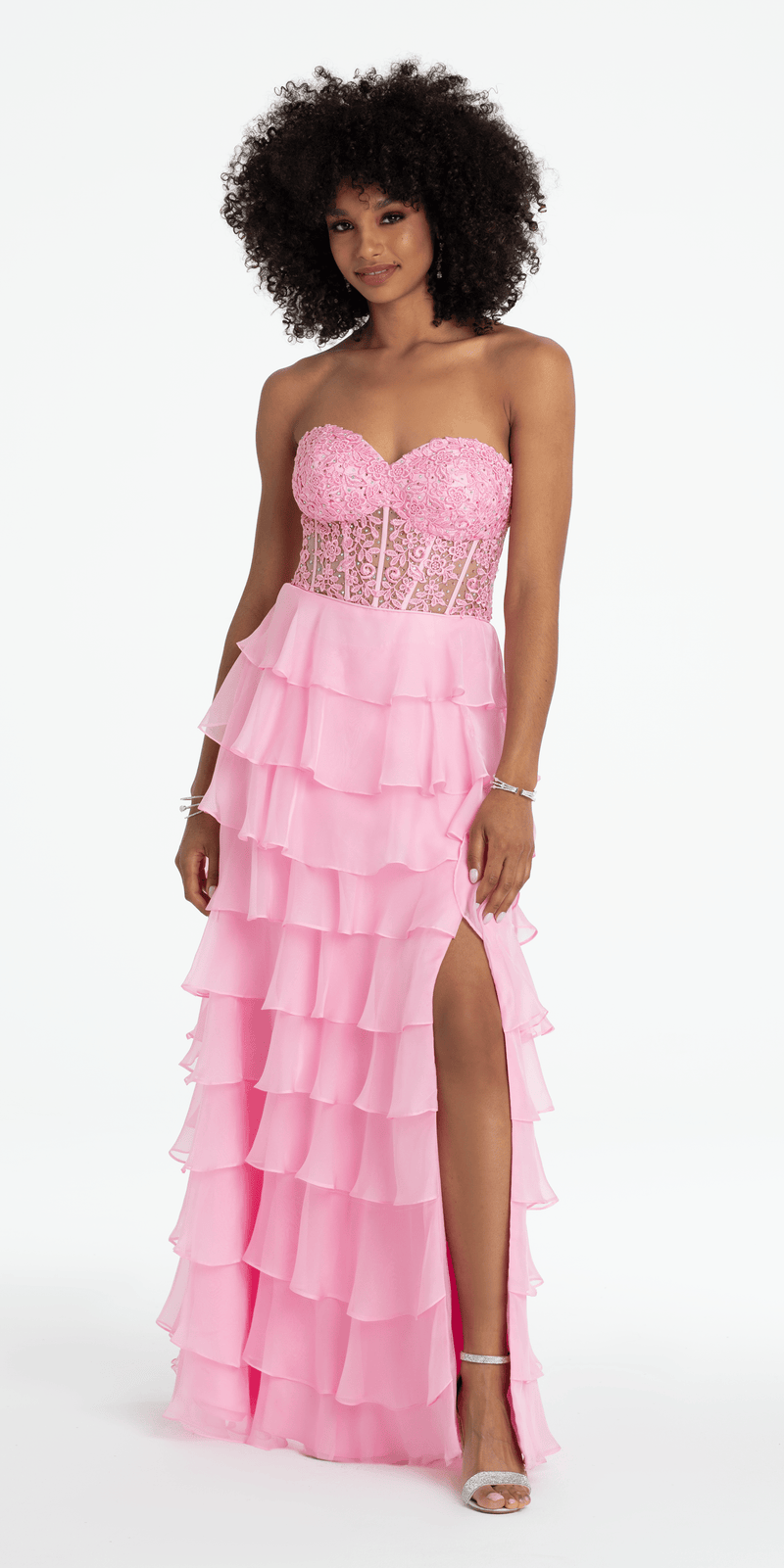 Embroidered Strapless Chiffon Tiered Corset Ballgown - Camille La Vie