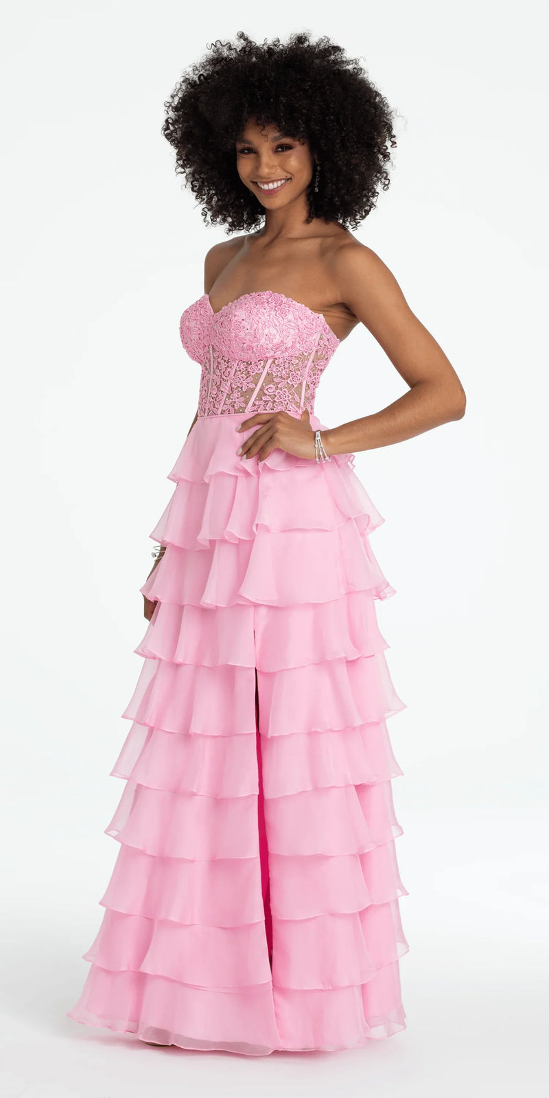 pink/size/4/missy/Camille La Vie/Embroidered Strapless Chiffon Tiered Corset Ballgown/side