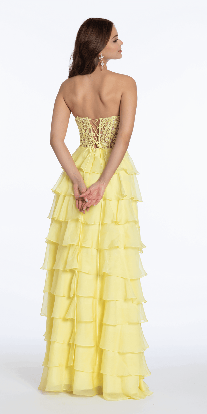 Embroidered Strapless Chiffon Tiered Corset Ballgown - Camille La Vie