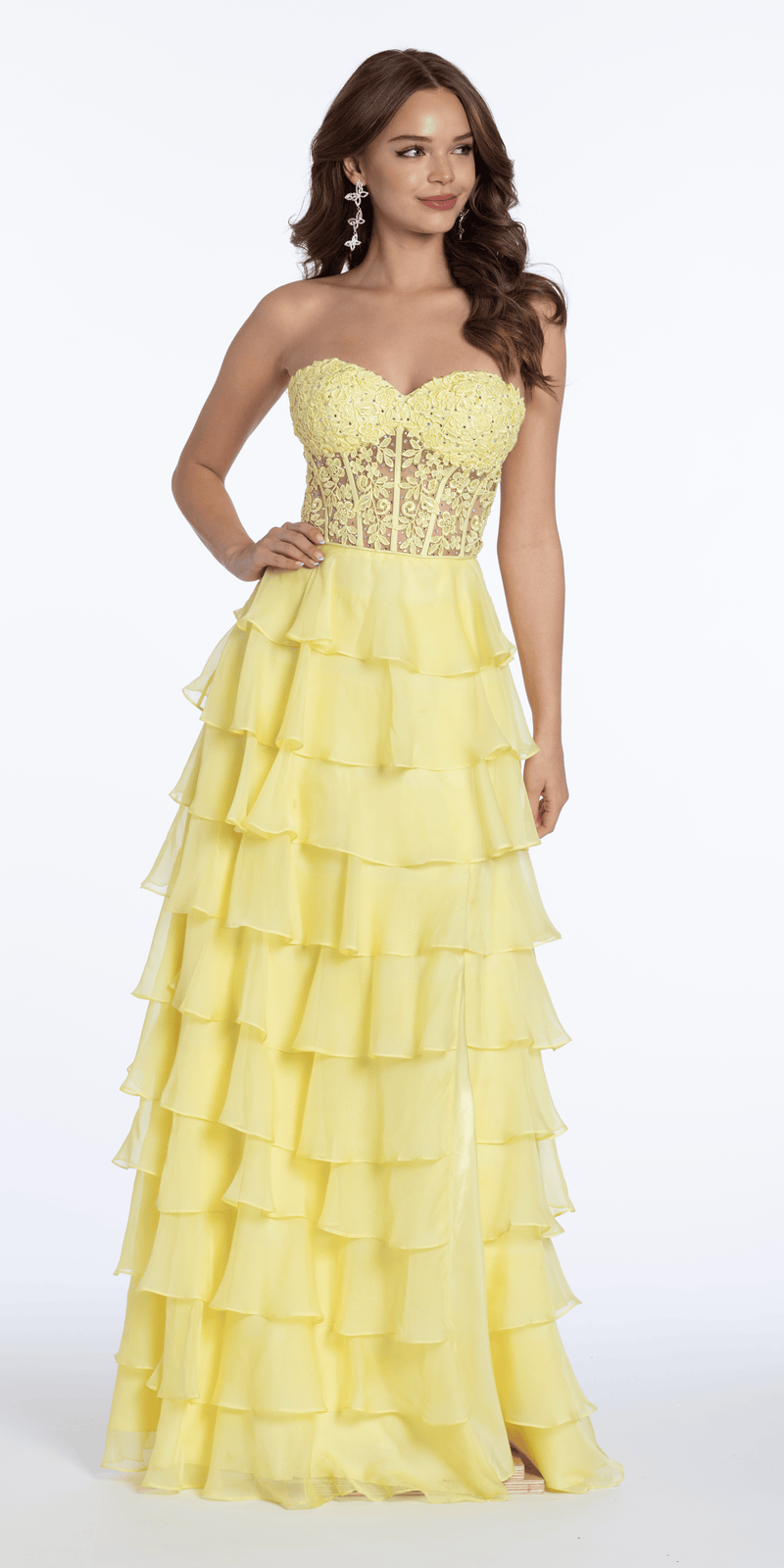 Embroidered Strapless Chiffon Tiered Corset Ballgown - Camille La Vie