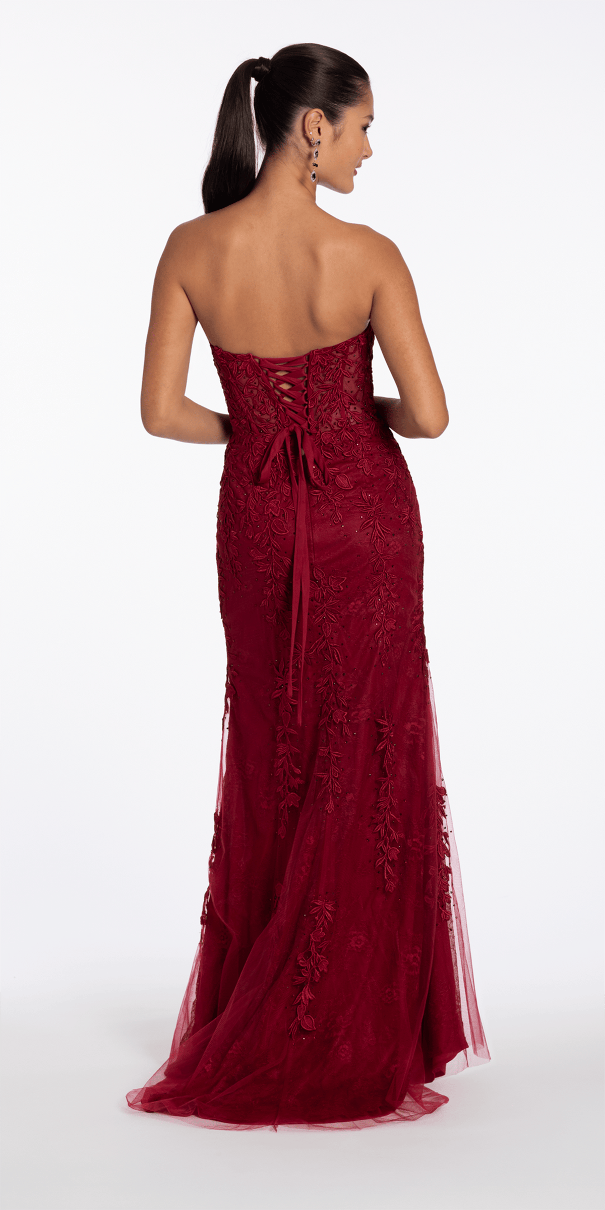 wine/size/4/missy/Camille La Vie/Strapless Mesh Applique Corset Column Dress with Side Slit/back