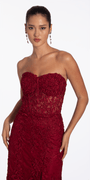 wine/size/4/missy/Camille La Vie/Strapless Mesh Applique Corset Column Dress with Side Slit/crop