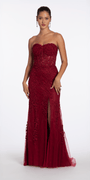 wine/size/4/missy/Camille La Vie/Strapless Mesh Applique Corset Column Dress with Side Slit/front 2