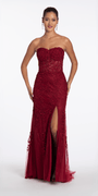 wine/size/4/missy/Camille La Vie/Strapless Mesh Applique Corset Column Dress with Side Slit/front