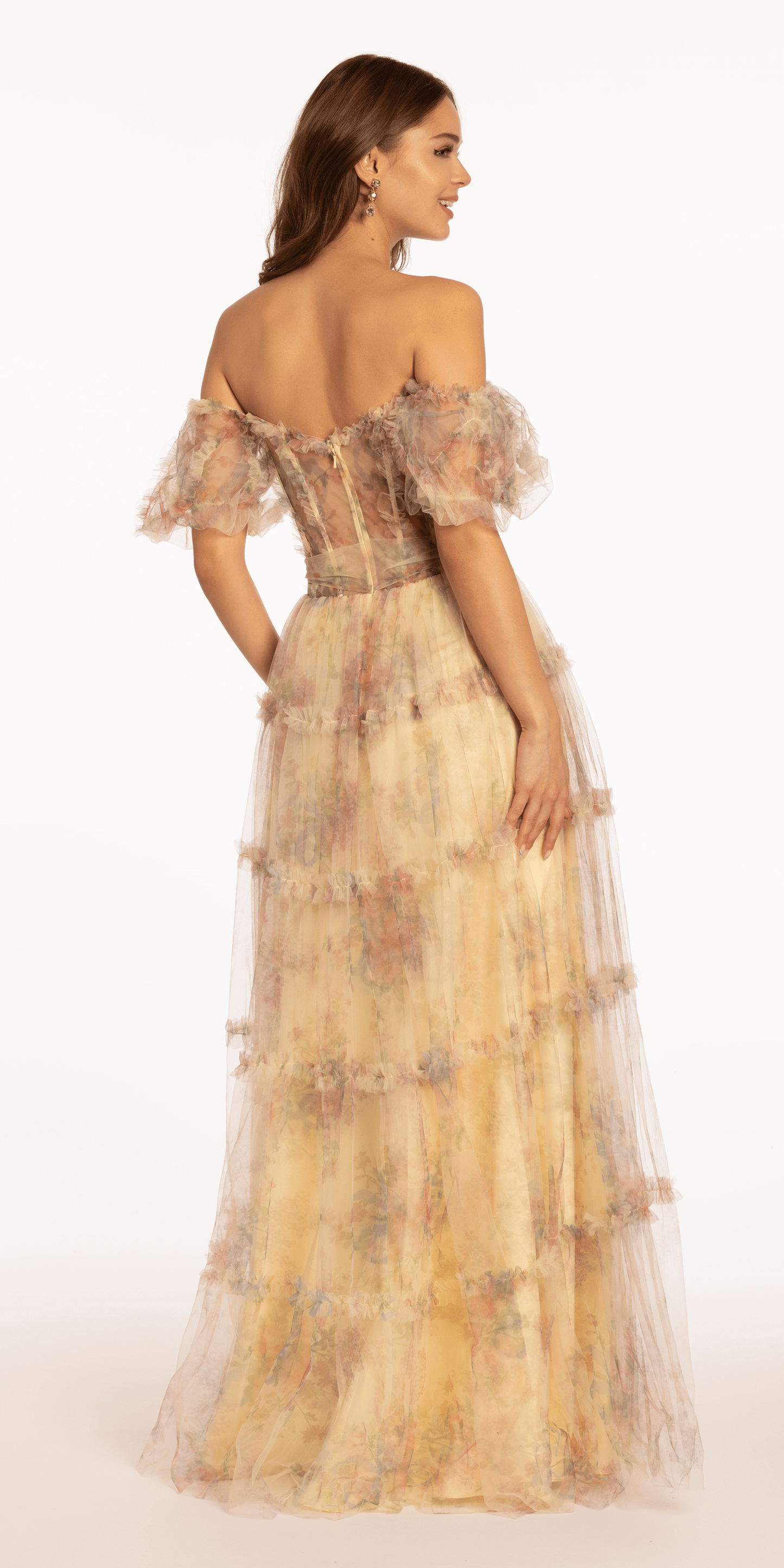 Mesh Puff Sleeve Off the Shoulder Floral Tiered A Line Dress - Camille La Vie