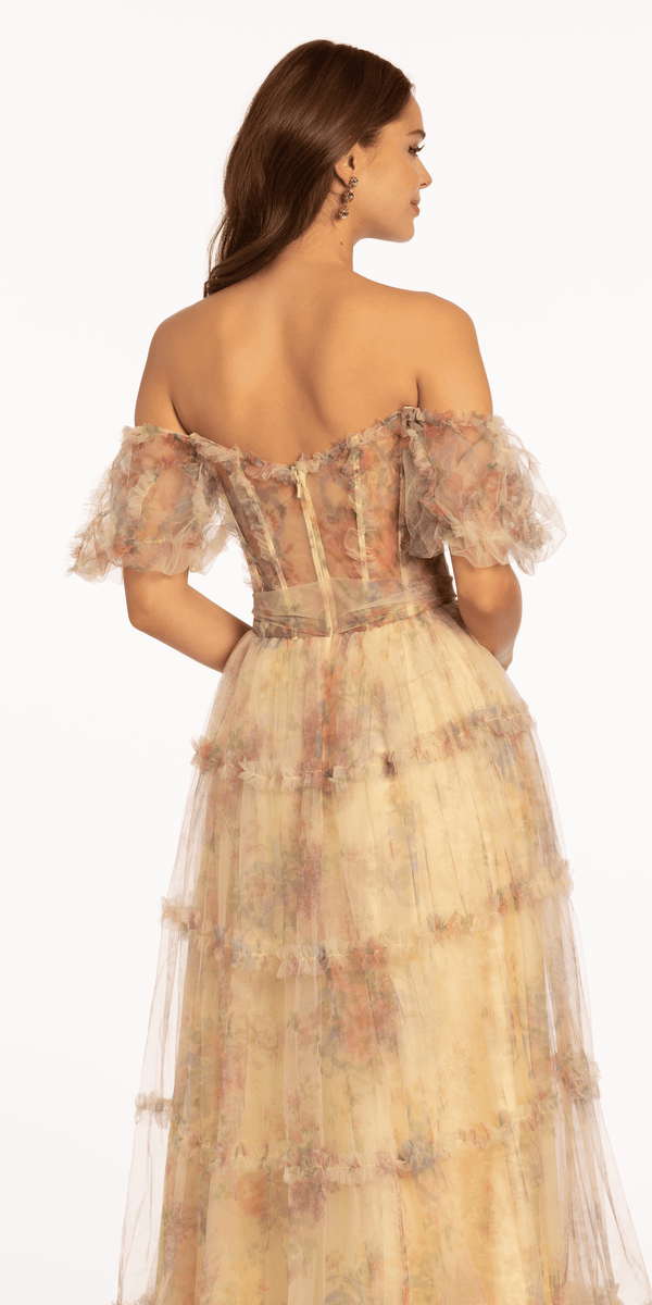 Mesh Puff Sleeve Off the Shoulder Floral Tiered A Line Dress - Camille La Vie
