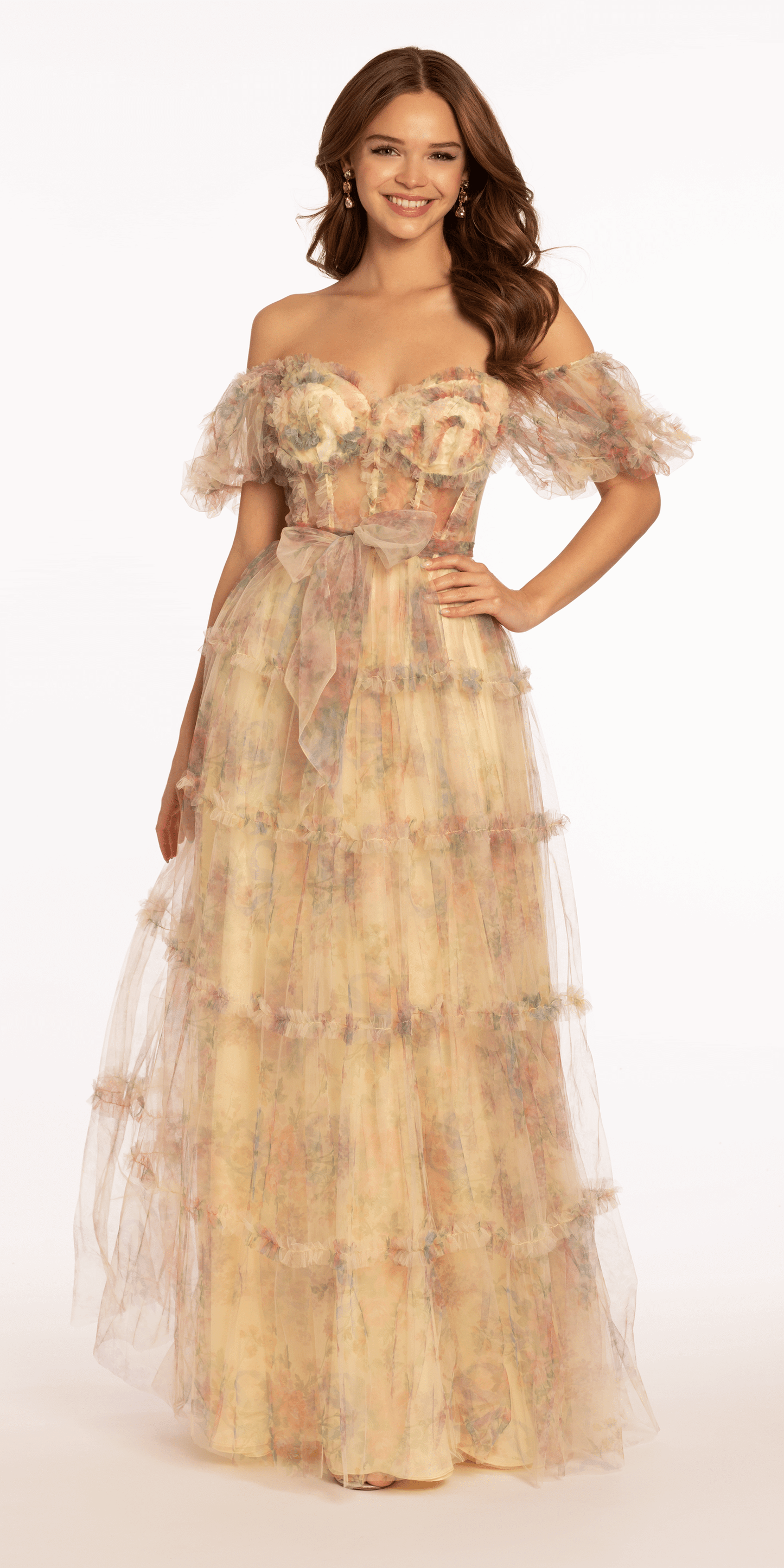 Mesh Puff Sleeve Off the Shoulder Floral Tiered A Line Dress - Camille La Vie