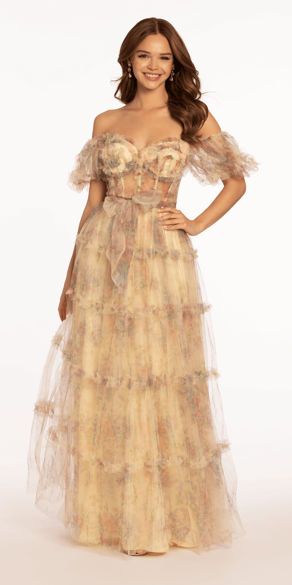 Mesh Puff Sleeve Off the Shoulder Floral Tiered A Line Dress - Camille La Vie