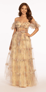 Mesh Puff Sleeve Off the Shoulder Floral Tiered A Line Dress - Camille La Vie