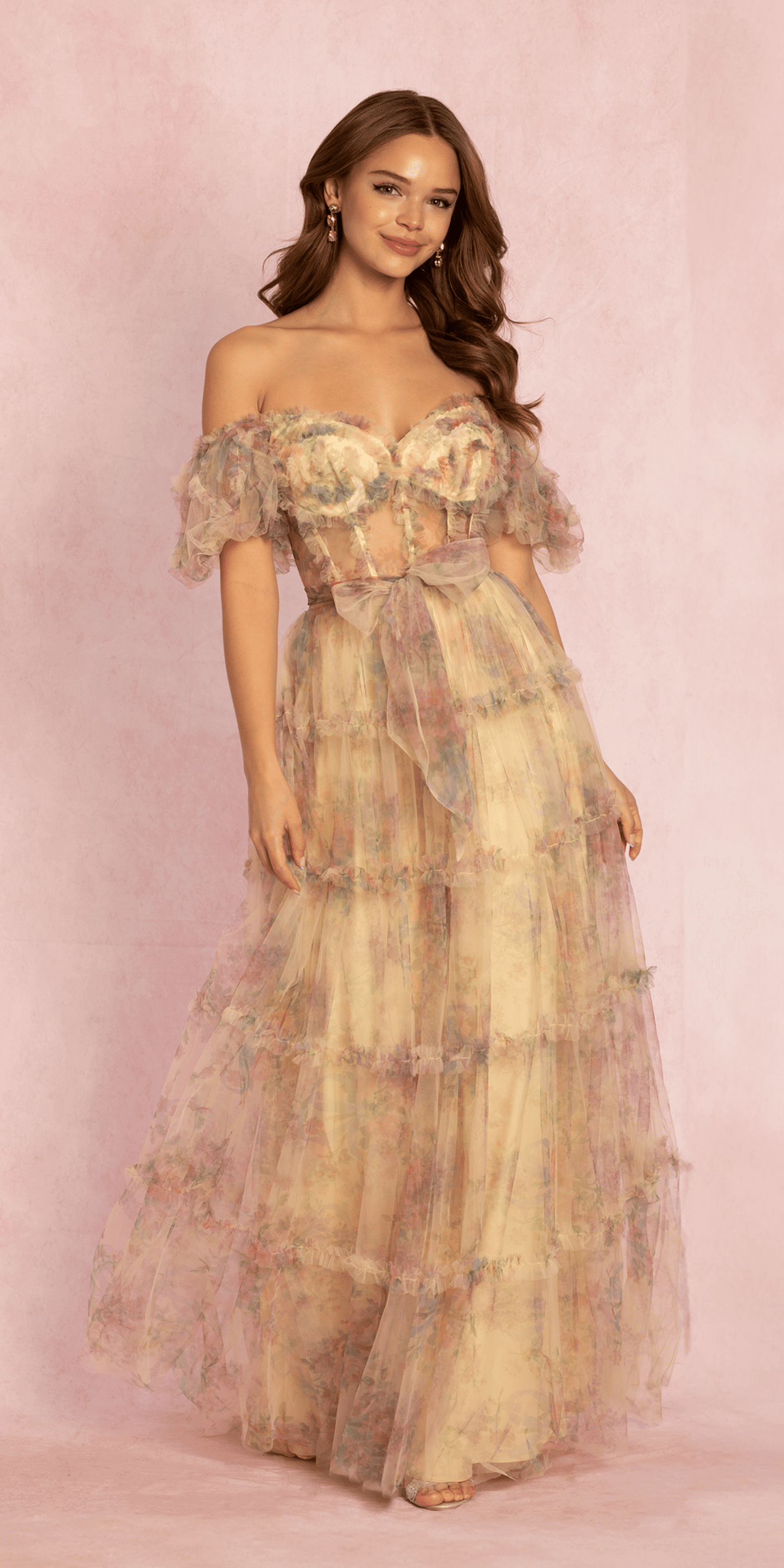Mesh Puff Sleeve Off the Shoulder Floral Tiered A Line Dress - Camille La Vie