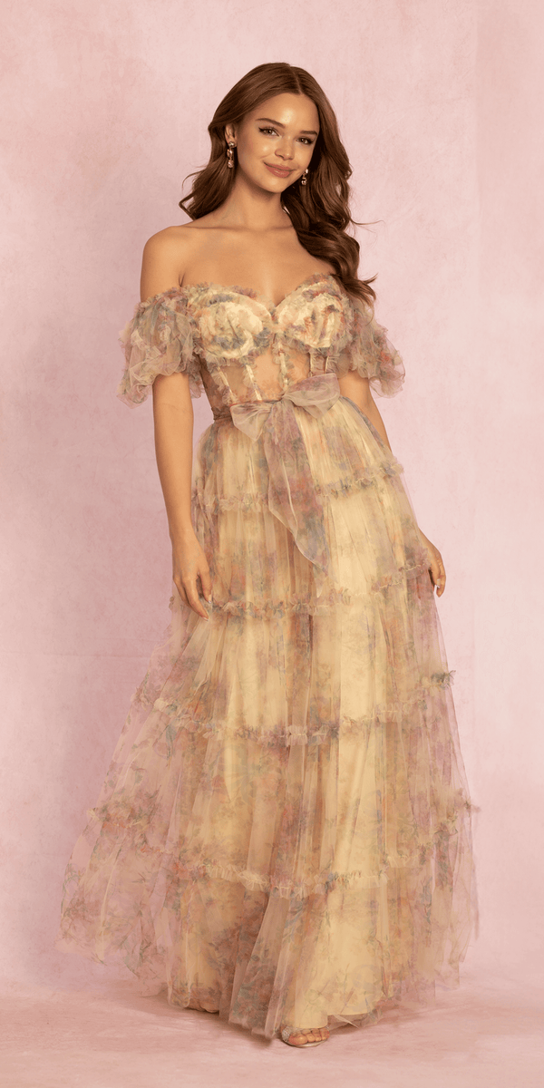 Mesh Puff Sleeve Off the Shoulder Floral Tiered A Line Dress - Camille La Vie