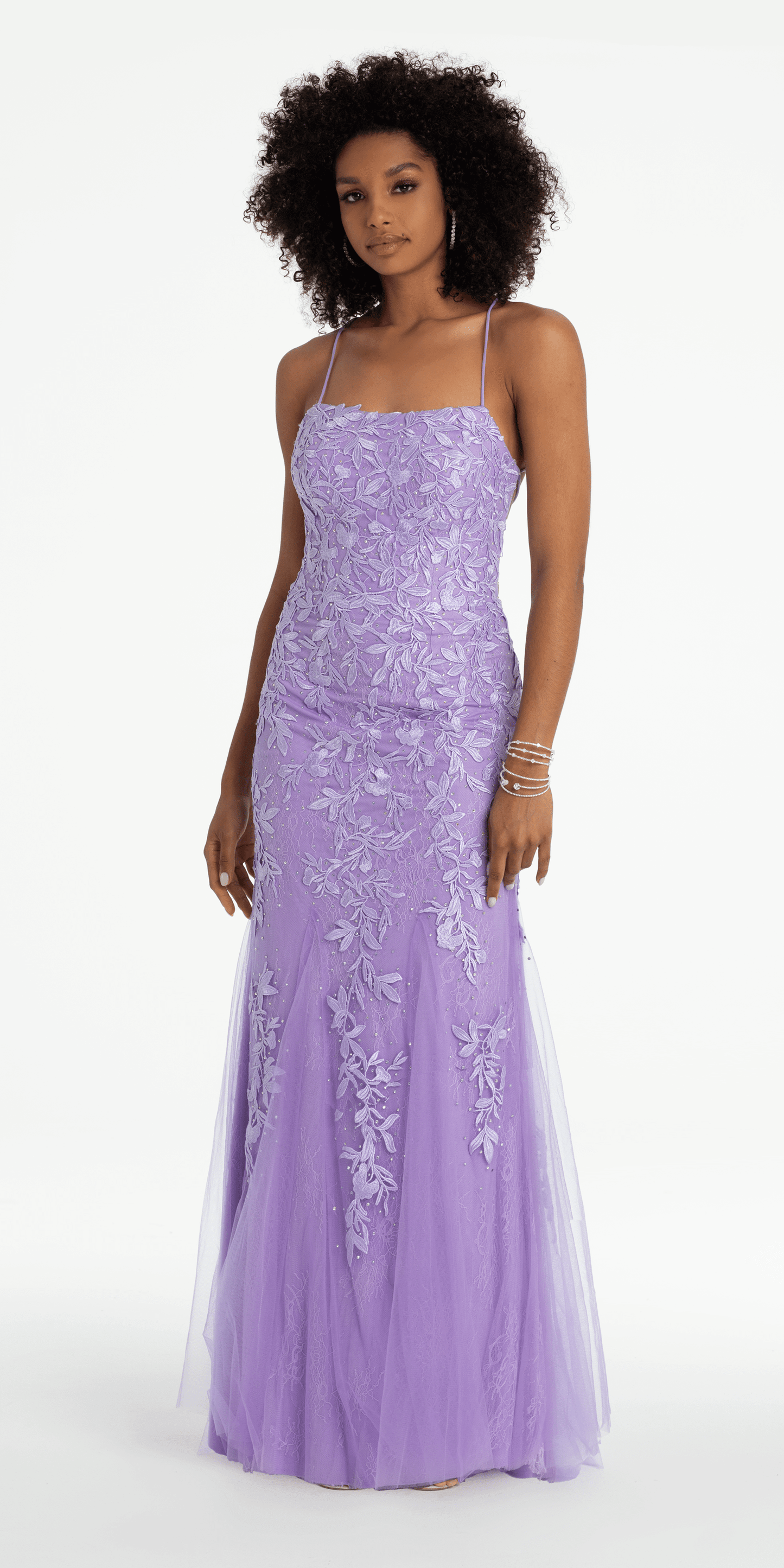 Strappy Back Embroidered Applique Mesh Dress with Godets - Camille La Vie