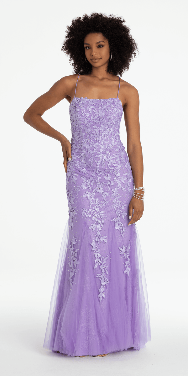 Strappy Back Embroidered Applique Mesh Dress with Godets - Camille La Vie