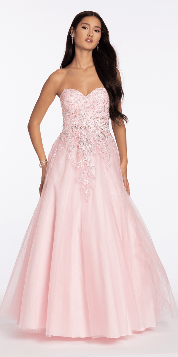 Strapless Glitter Tulle Ballgown with 3D Detail - Camille La Vie