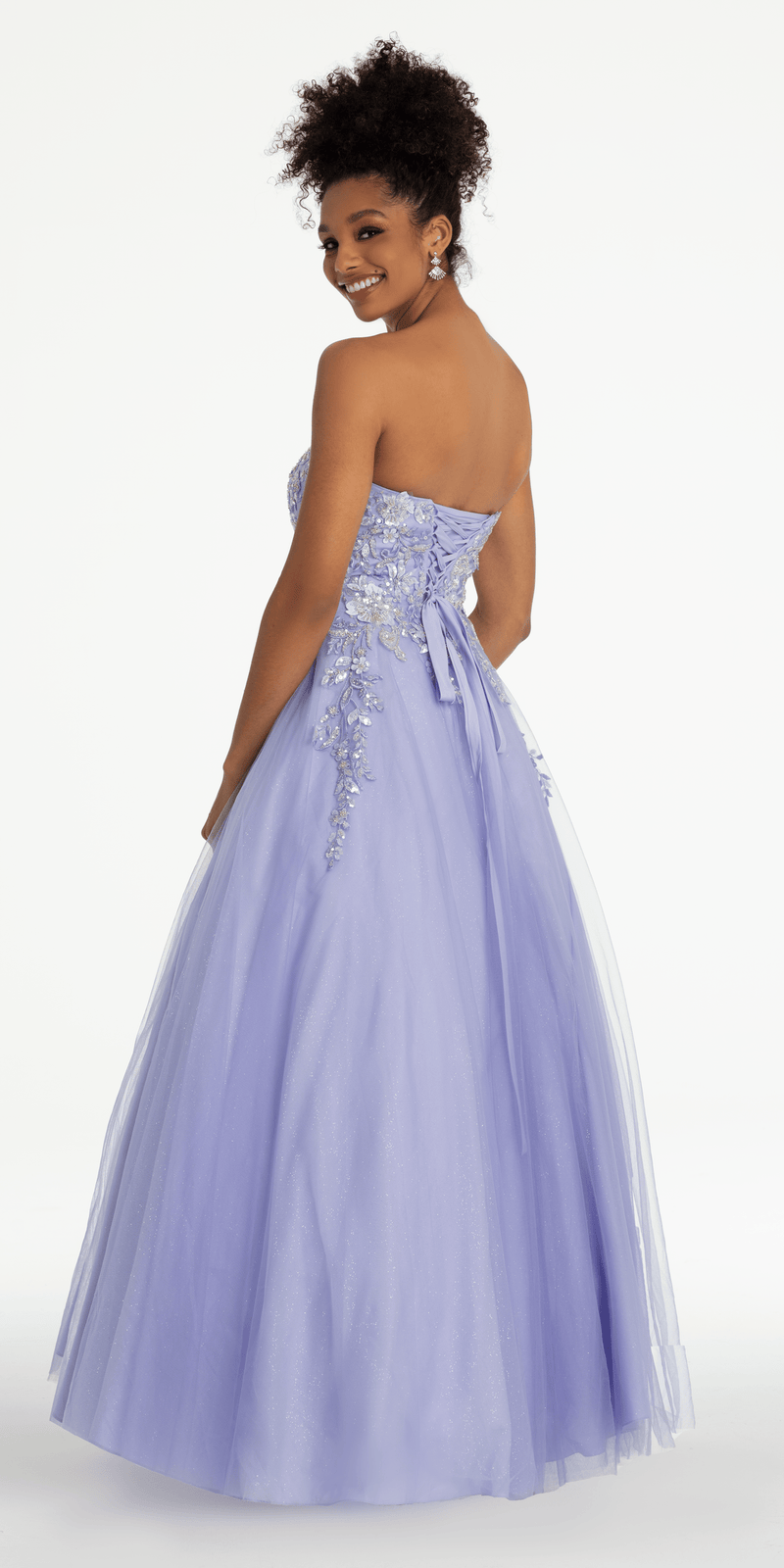 Strapless Sweetheart Glitter Mesh Ballgown with 3D Appliques - Camille La Vie