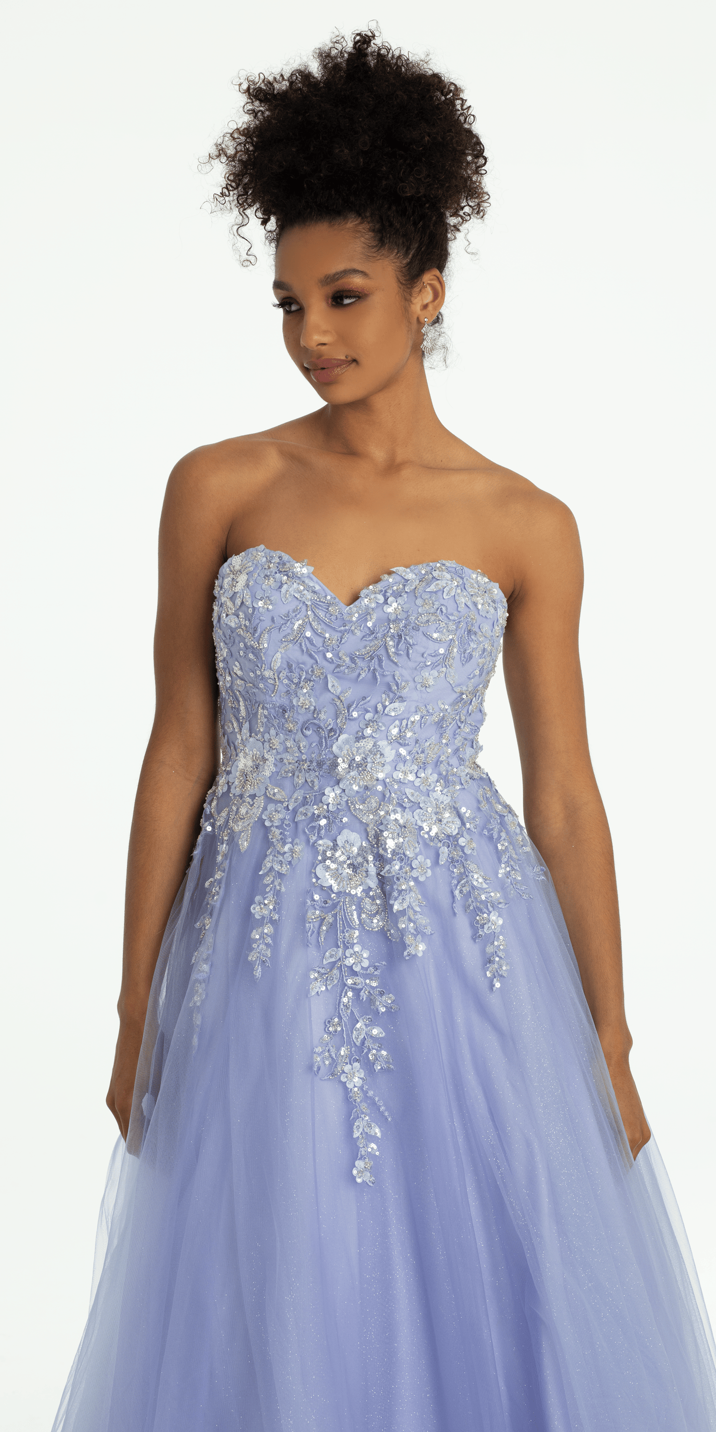 Strapless Sweetheart Glitter Mesh Ballgown with 3D Appliques - Camille La Vie