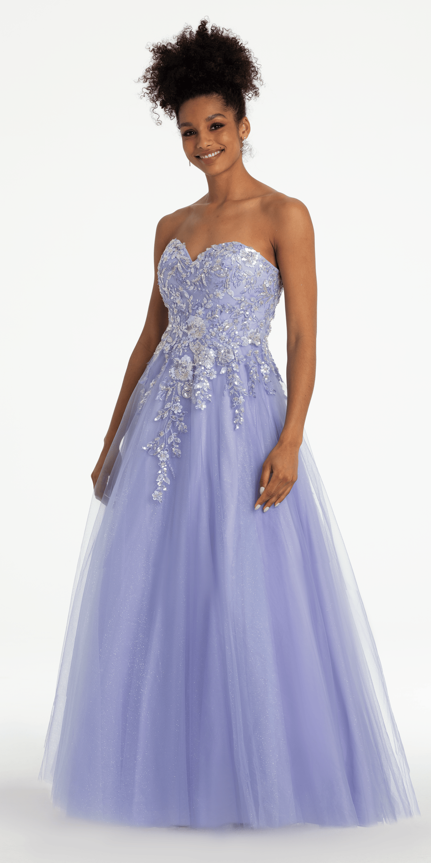 Strapless Sweetheart Glitter Mesh Ballgown with 3D Appliques - Camille La Vie