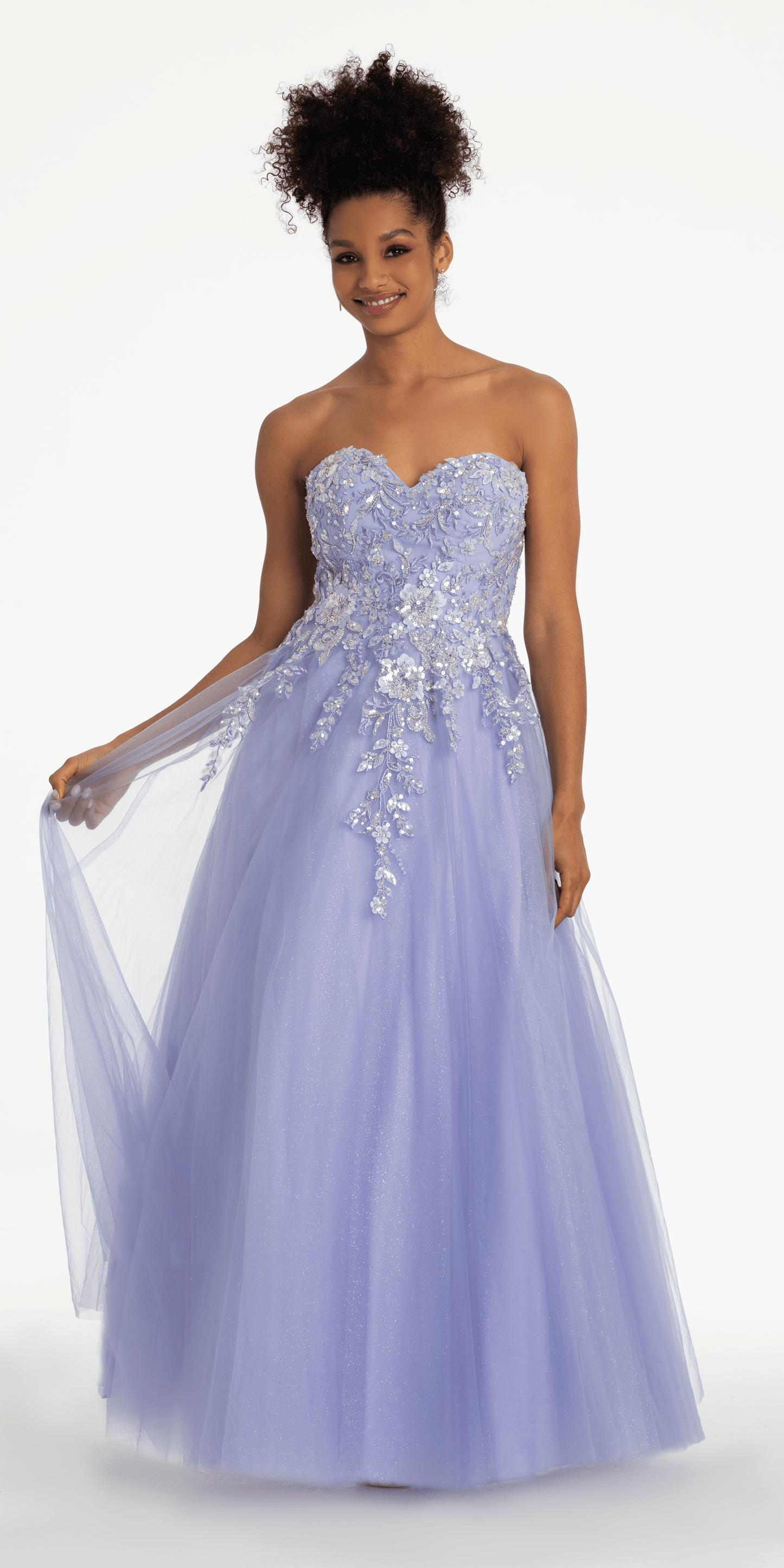 Strapless Sweetheart Glitter Mesh Ballgown with 3D Appliques - Camille La Vie