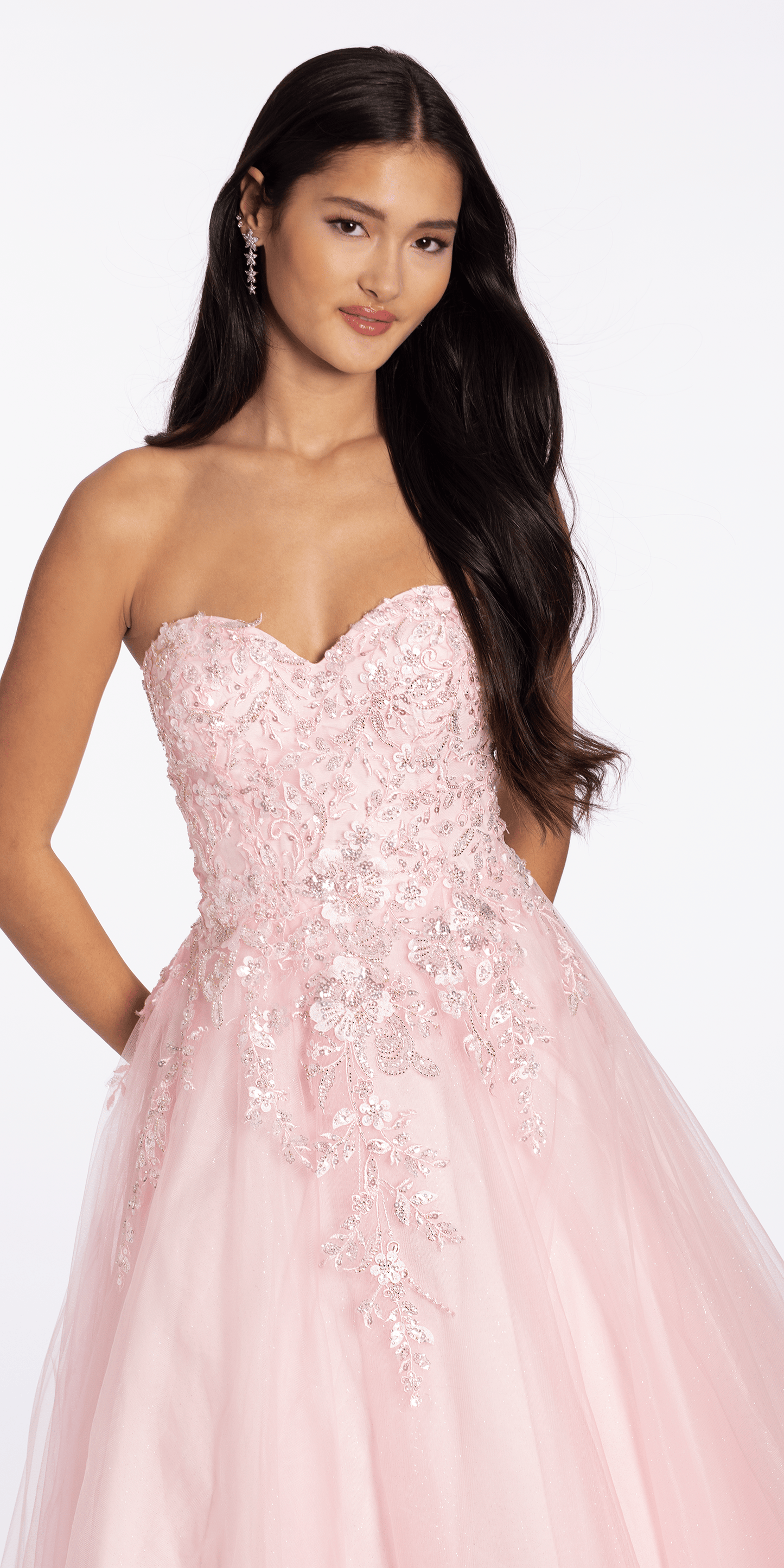 Strapless Glitter Tulle Ballgown with 3D Detail - Camille La Vie