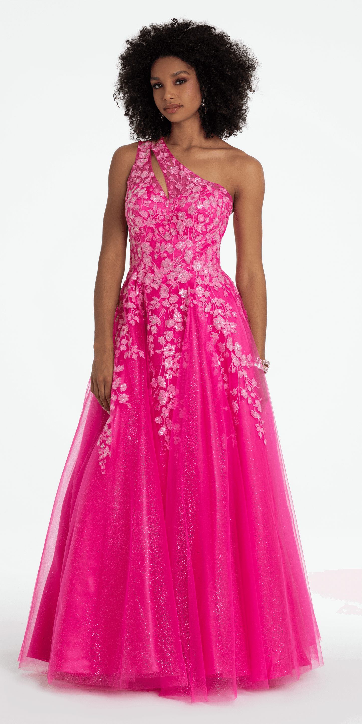 One Shoulder Keyhole Embroidered Tulle Ballgown - Camille La Vie