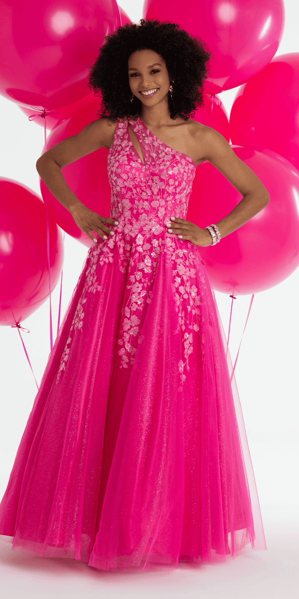 One Shoulder Keyhole Embroidered Tulle Ballgown - Camille La Vie