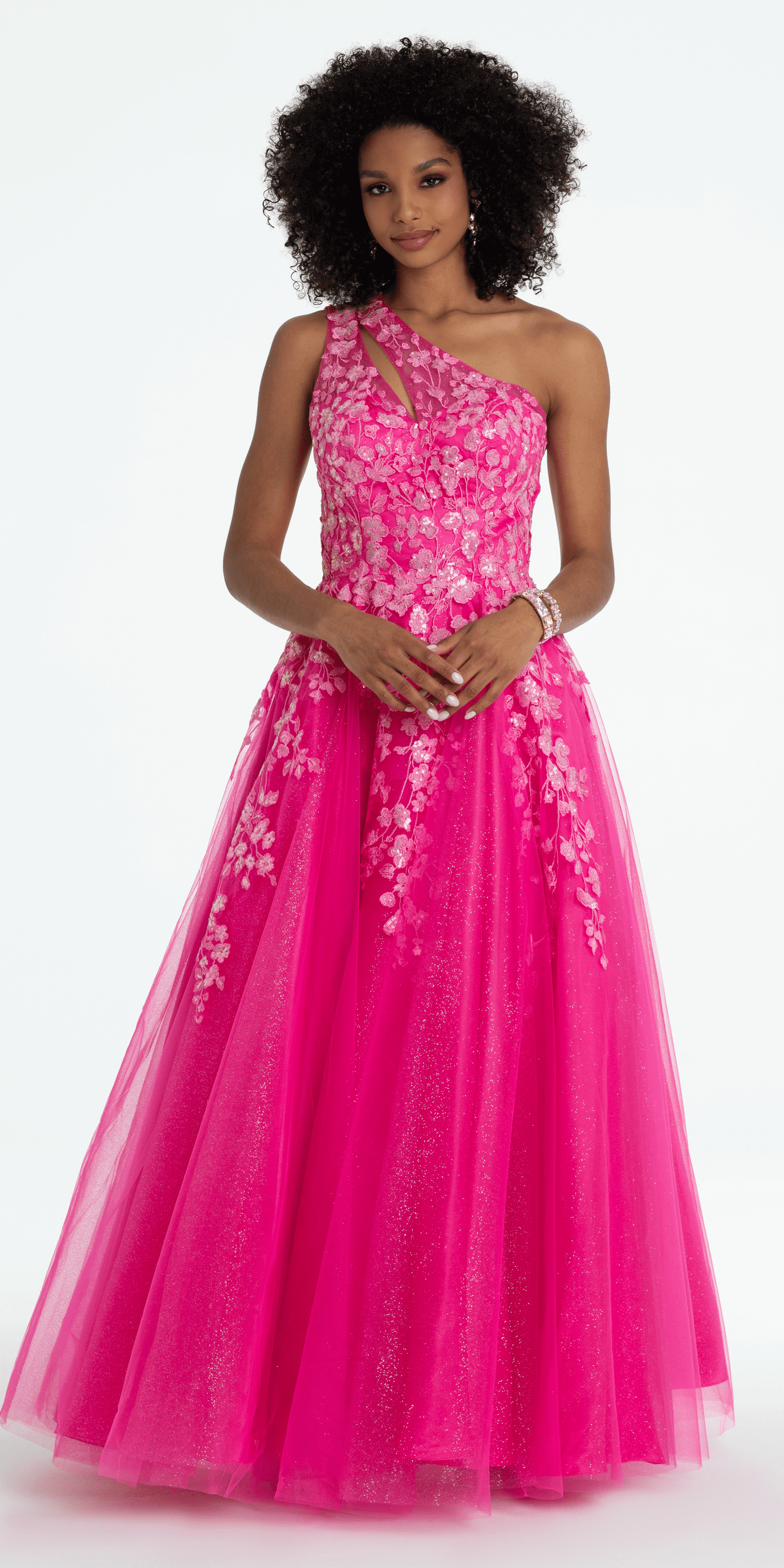 One Shoulder Keyhole Embroidered Tulle Ballgown - Camille La Vie